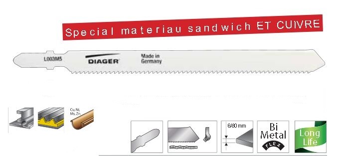 Lame scie sauteuse spécial materiaux sandwich&cuivre L132/105 - 1.8/14